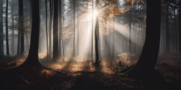 Le soleil brille à travers les arbres dans les bois Image AI générative