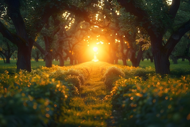 Le soleil brille à travers les arbres dans le champ