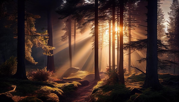Le soleil brille à travers les arbres dans la forêt AI générative