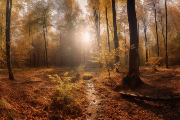 Le soleil brille à travers les arbres dans la forêt ai générative