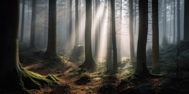 Le soleil brille à travers les arbres de la forêt Image AI générative