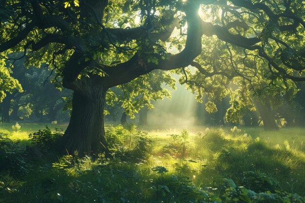 Le soleil brille à travers les arbres de la forêt