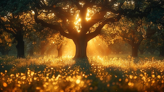 Le soleil brille à travers les arbres