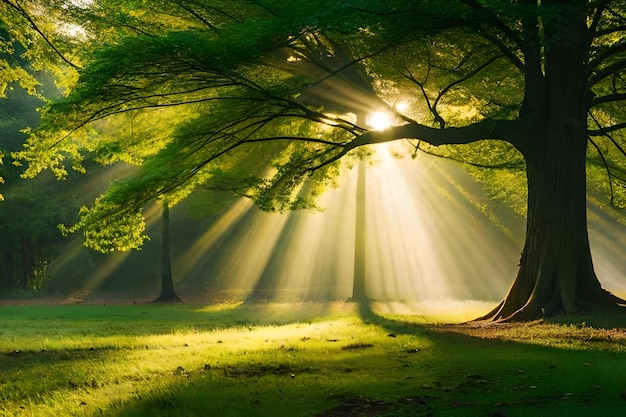 Le soleil brille à travers les arbres