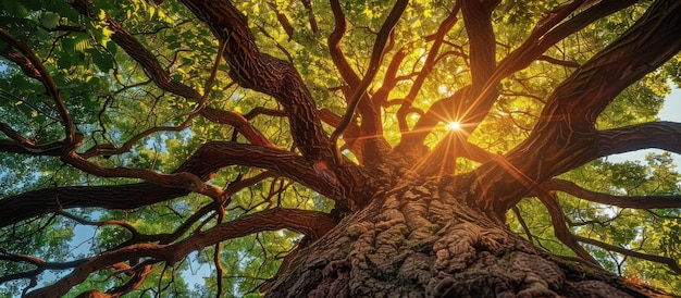 Le soleil brille à travers les branches d'un grand arbre