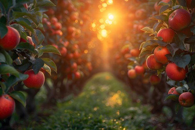 Le soleil brille à travers les branches des pommiers AI générative