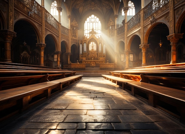 Le soleil brille à travers les fenêtres d'une église