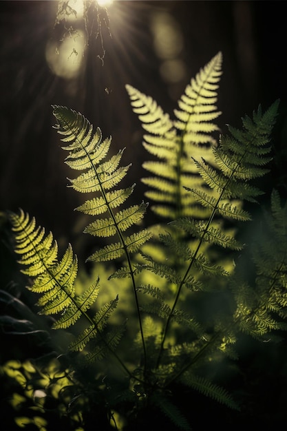 Le soleil brille à travers les feuilles d'une fougère ai générative