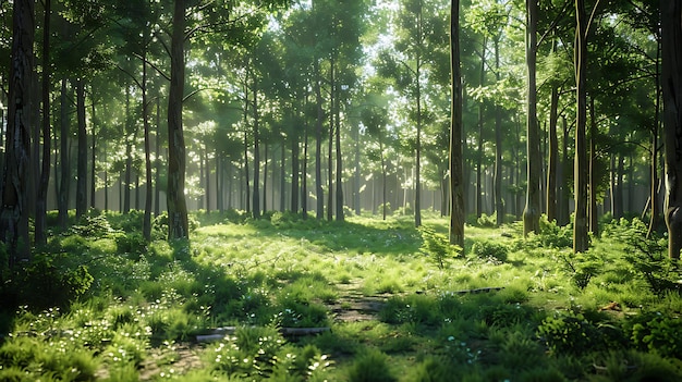 Le soleil brille à travers les grands arbres de la forêt. Les feuilles vertes luxuriantes des arbres créent une dense canopée qui bloque la plupart de la lumière du soleil.