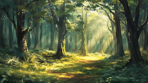 Le soleil brille à travers les grands arbres de la forêt la forêt est pleine de plantes vertes et de fleurs les arbres sont hauts et forts