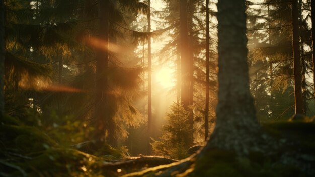 Le soleil brille à travers les grands arbres de la forêt