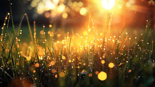 Photo le soleil brille à travers l'herbe le matin.