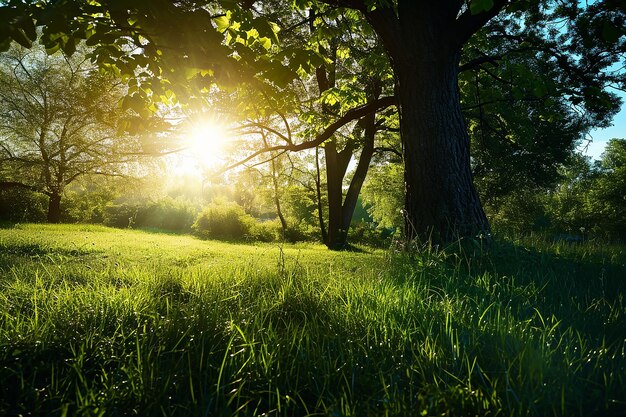 Le soleil brille à travers l'herbe verte.