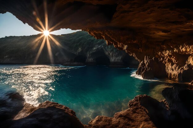 Photo le soleil brille à travers un trou dans la roche.