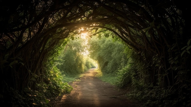 Le soleil brille à travers le tunnel tunnel d'arbres AI générative