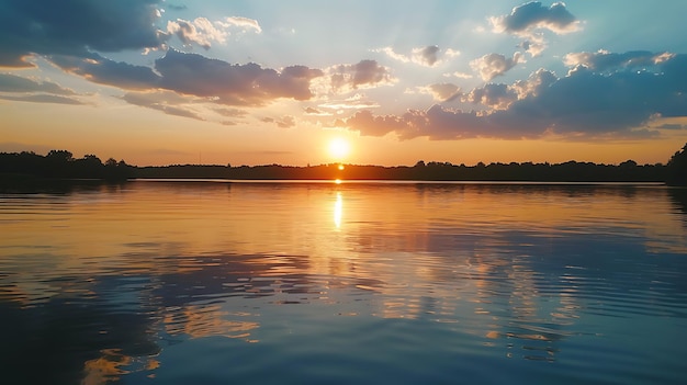 Photo le soleil couchant jette une lueur dorée sur le lac tandis que les nuages au-dessus sont peints dans des nuances de rose orange et jaune