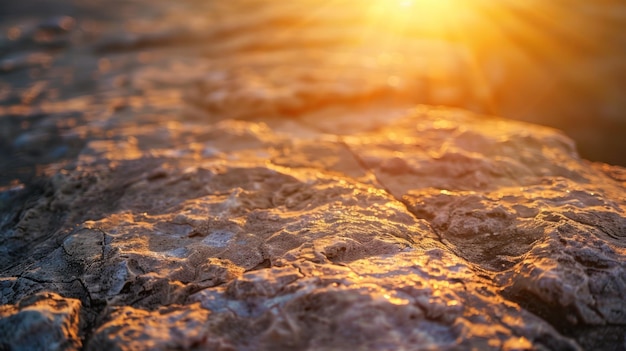 Le soleil couchant projette une chaleureuse lueur dorée sur la texture rugueuse des rochers côtiers, mettant en évidence la beauté naturelle du littoral.