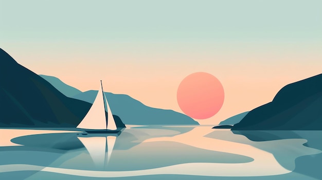 Le soleil couchant projette une lueur dorée sur la mer calme tandis qu'un voilier solitaire glisse paisiblement à travers l'eau.