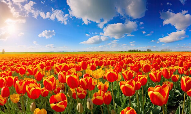 Le soleil doré illumine un vaste champ de tulipes vibrantes dans des tons de rouge, jaune et rose Champ de tulipes pittoresque baigné dans la lueur chaude du soleil couchant Créé avec des outils d'IA génératifs