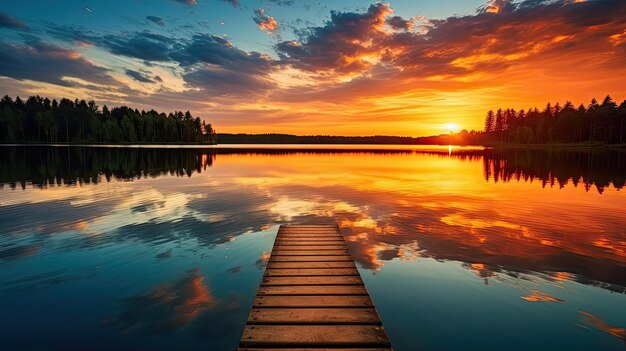 Photo le soleil du lac à l'horizon