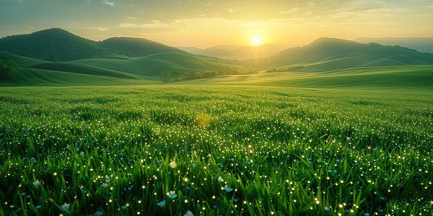 Le soleil du matin tombe sur l'herbe verte luxuriante dans la rosée la rosée scintille comme un diamant dans la lumière douce