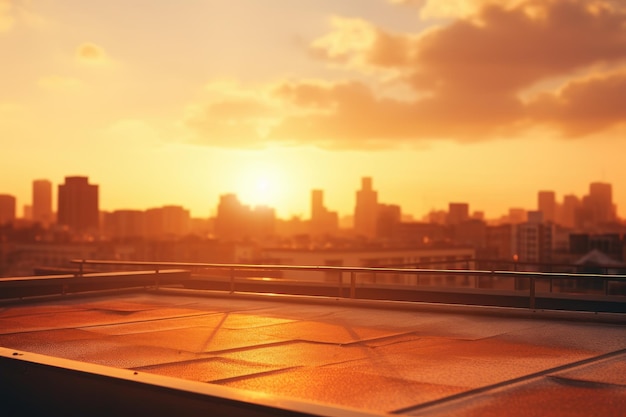 Le soleil d'été brouille l'heure d'or ciel chaud au coucher du soleil avec une vue sur le toit de la ville en arrière-plan Ai généré