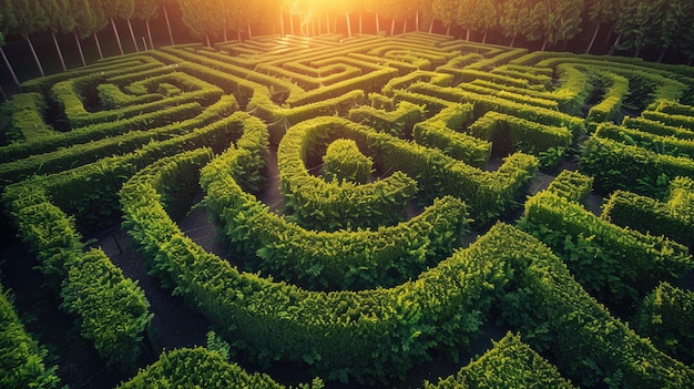 Le soleil de l'heure d'or projette une lumière chaude sur un labyrinthe de jardin étendu et complexe.