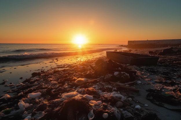 Soleil levant sur une mer de déchets Une représentation de la crise environnementale