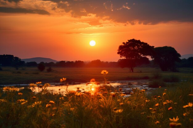 Le soleil lumineux plane majestueusement baignant un champ tranquille dans l'éclat