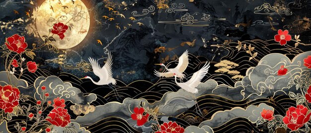 Soleil et lune sur fond doré Décorations de nuages chinois avec des vagues dessinées à la main dans le style vintage Élément d'oiseau avec design de bannière abstraite