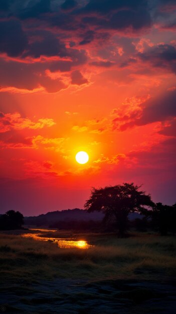 Le soleil majestueux orne le firmament jetant sa lueur sur un paysage serein papier peint mobile vertical