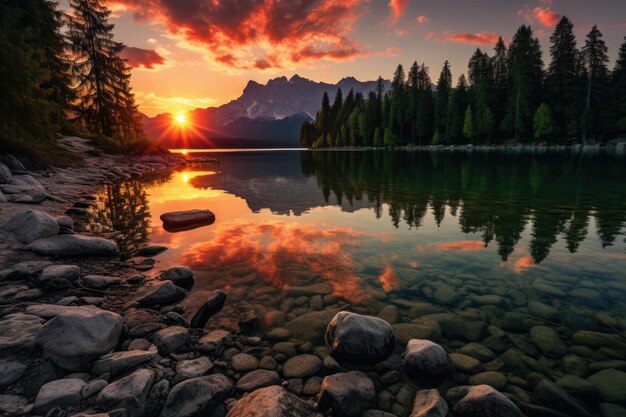 Le soleil projette une lueur dorée vibrante sur un lac de montagne tranquille alors qu'il se couche gracieusement une scène sous-marine sereine avec une diversité de vie marine générée par l'IA