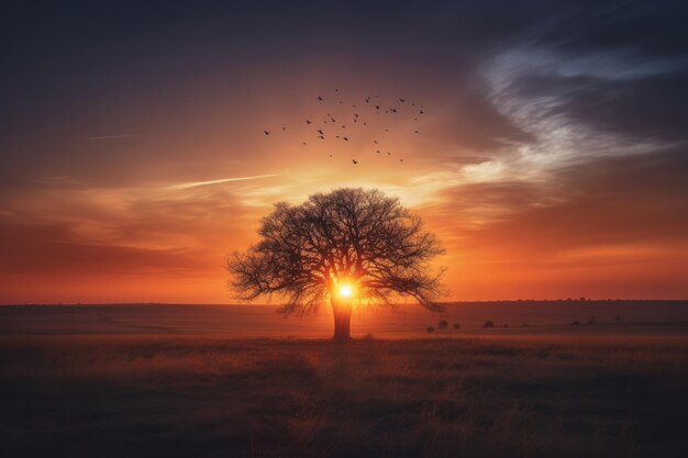 Soleil rayonnant dans le champ ouvert arbre solitaire et oiseaux volant scène magique et éphémère générative IA