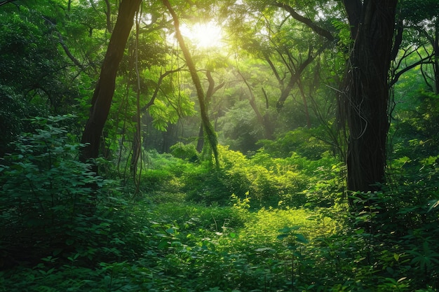 Le soleil rayonne à travers les arbres, projetant une lumière tranquille et captivante dans la forêt Une forêt verdoyante sous le soleil de midi AI générée