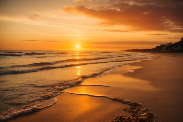 Le soleil se couchant sur l'océan jetant une chaude lueur dorée sur le sable