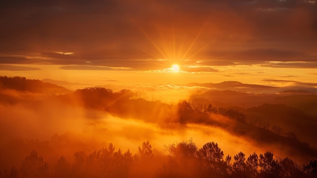 Le soleil se couche sur une chaîne de montagnes brumeuse.