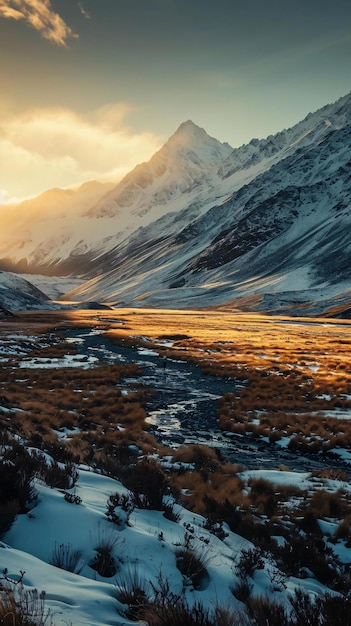 Le soleil se couche sur une chaîne de montagnes enneigée.