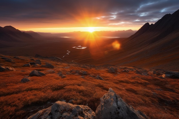 Le soleil se couche sur une chaîne de montagnes générative ai