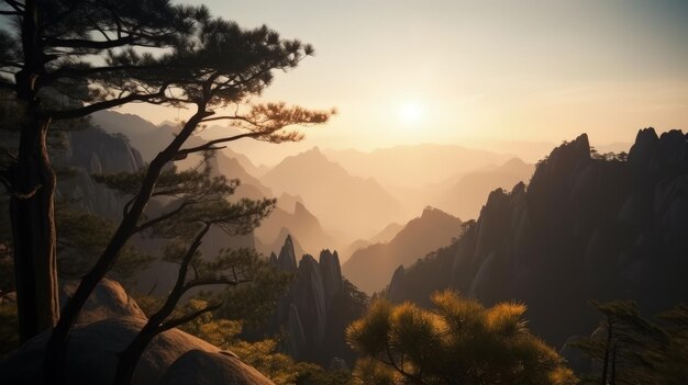 Photo le soleil se couche sur une chaîne de montagnes.