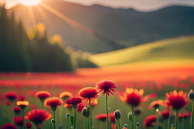 Le soleil se couche sur un champ de fleurs rouges.