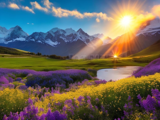 Le soleil se couche sur un champ de fleurs