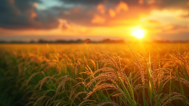 Le soleil se couche sur le champ d'herbe