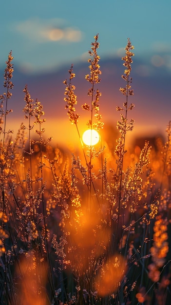 Le soleil se couche sur le champ d'herbe