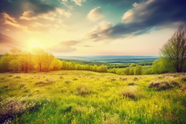 Le soleil se couche sur un champ herbeux IA générative