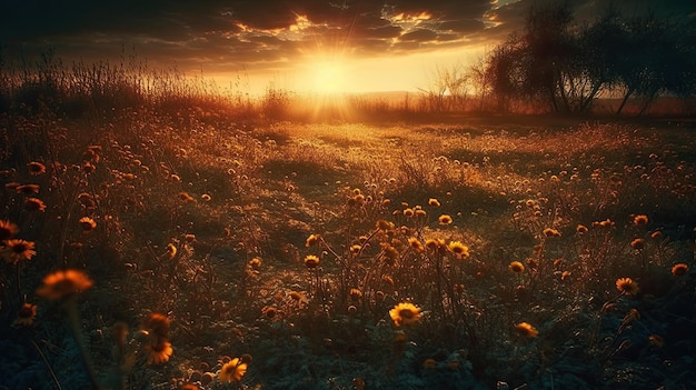 Le soleil se couche sur un champ de pissenlits