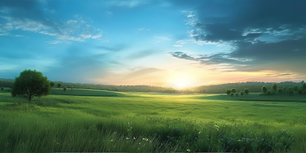 Le soleil se couche sur un champ de verdure