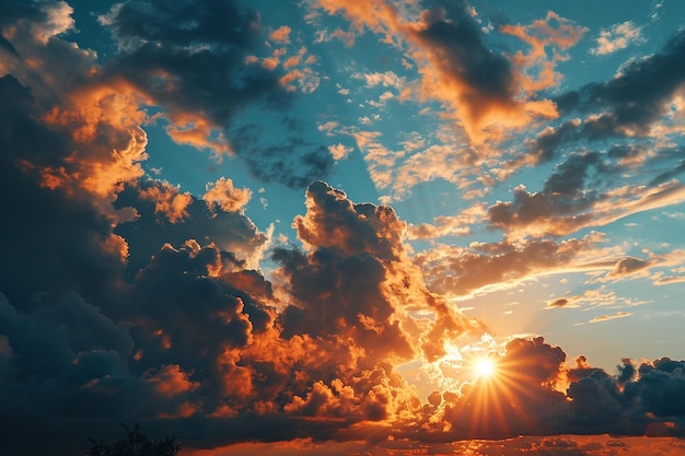 Le soleil se couche dans les nuages avec le soleil brillant à travers les nuages