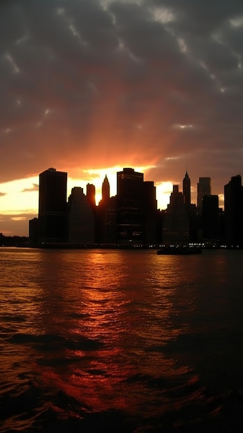 Le soleil se couche derrière l'horizon de Manhattan.