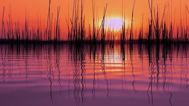 Le soleil se couche sur l'eau et l'herbe se reflète dans l'eau.