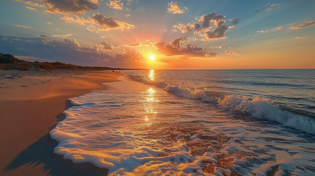 Le soleil se couche sur l'eau à la plage